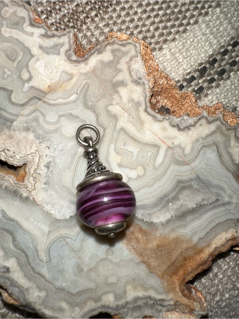 James Avery Purple Striped Glass Bead Pendant with Silver-Tone Accents RETIRED